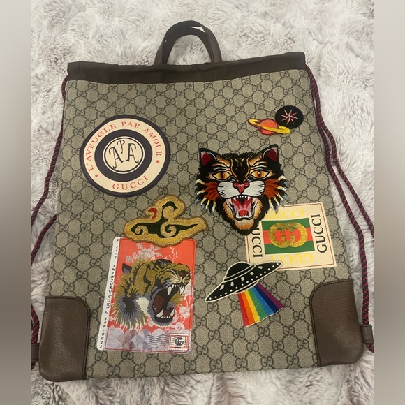 Gucci Ann Gris-Cat Drawstring 2WAY Backpack GG Supreme Beige x Brown Unisex - Picture 9 of 9